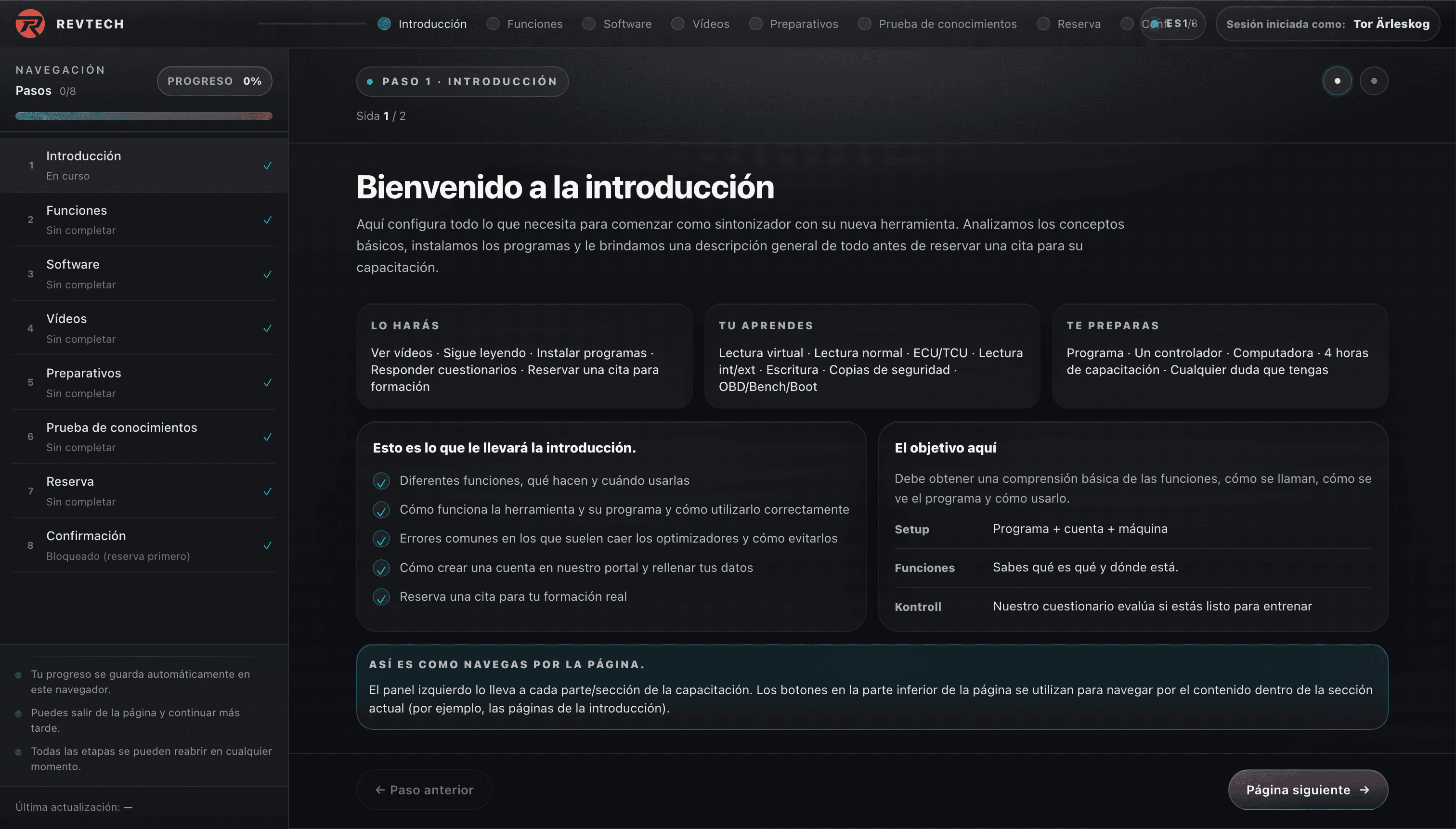 Vista del portal de formación Revtech